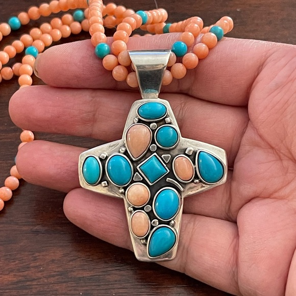 Jay King DTR turquoise coral sterling silver cross pendant necklace - Picture 1 of 11